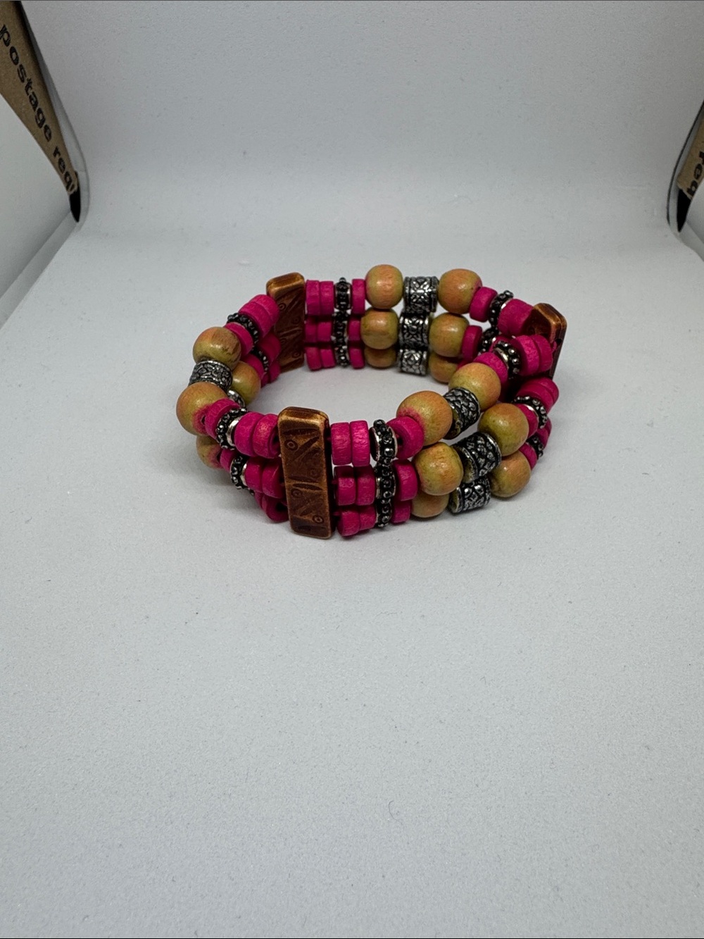 Handmade Pink and Yellow Beaded Stretch Bracelet